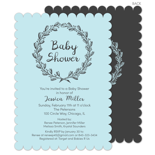Blue and Grey Baby Shower Wreath Invitations